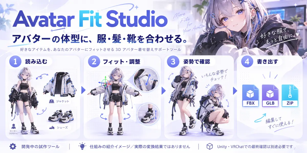 Avatar Fit Studio の紹介イメージ。読み込む・フィット調整・姿勢で確認・書き出すの4ステップ